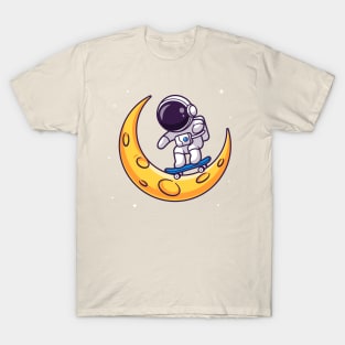 Cute Astronaut Playing Skateboard On Moon Cartoon T-Shirt